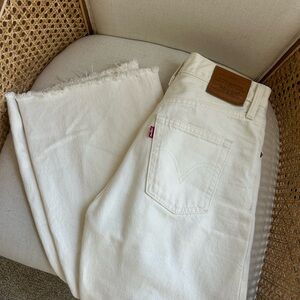 Levi's Cream Wide Leg Ribcage jeans with raw hem